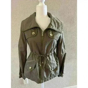 GUESS Women’s Size SM Military Green Trench Rain Coat Jacket Gold Draw String